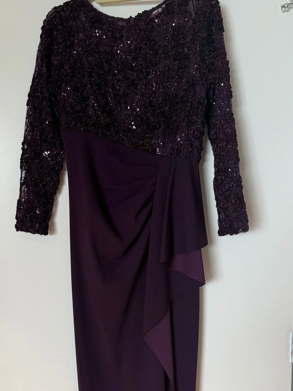 Xscape Long Sleeve Sequin Bodice Evening Gown in Plum
